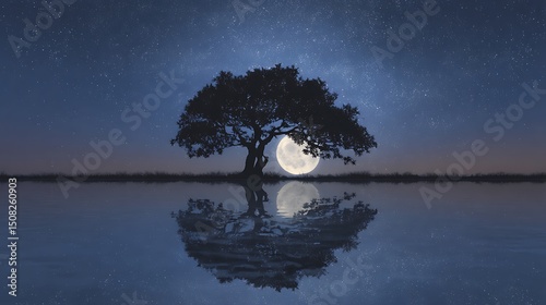 Lone Tree Silhouetted Against A Large, Bright Moon Reflects In Still Water, Under A Starry Night Sky. Tranquil scene, peaceful nature, serene atmosphere, wallpaper background