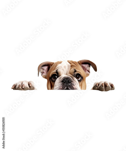 Cute one young brown English bulldog puppy looking up, isolated on white