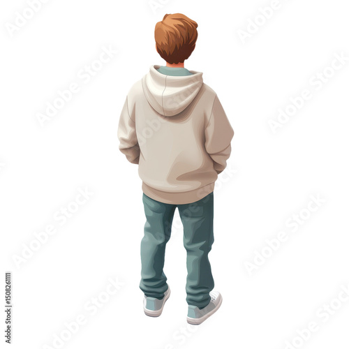 Stylish Young Man in Hoodie: Back View Cartoon Character Illustration for Fashion, Lifestyle, and Design Projects, Isolated on Background