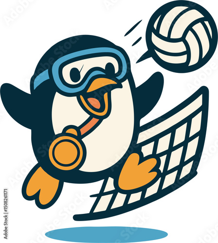 Volley Logo - Playful penguin jumps to spike the ball