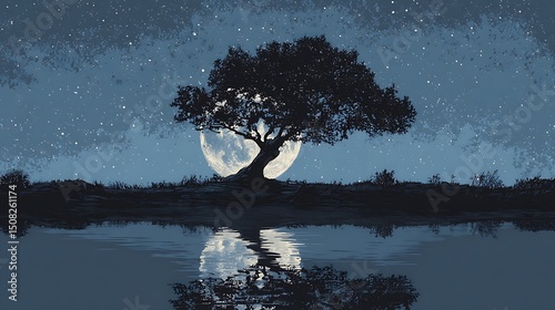 Lone Tree Silhouetted Against A Large, Bright Moon Reflects In Still Water, Under A Starry Night Sky. Tranquil scene, peaceful nature, serene atmosphere, wallpaper background