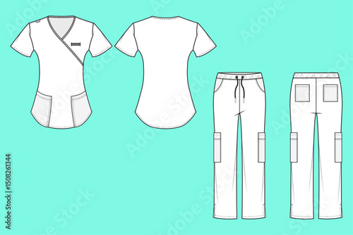 Modern medical Scrub Apparel set Black and White fashion flat sketch CAD mockup front and back views.