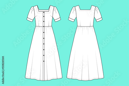 Ladies Square neckline button down gown Dress Black and White fashion flat sketch CAD mockup.