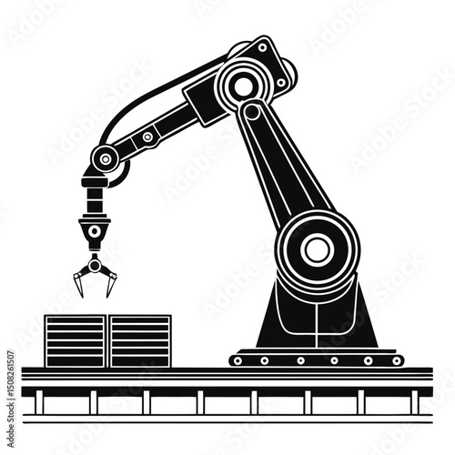 Robot Working On Factory Line Black Silhouette Ve