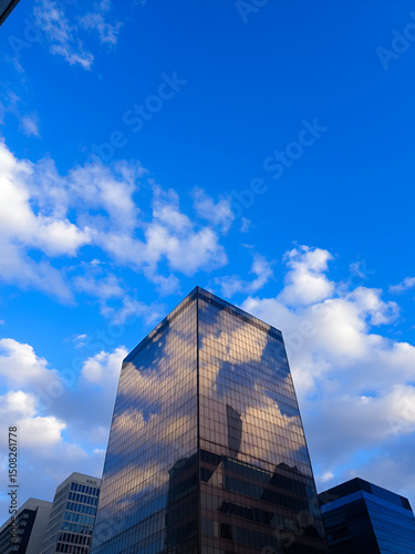 Beautiful sky & clouds reflection on skyscrapers with a great blue sky.