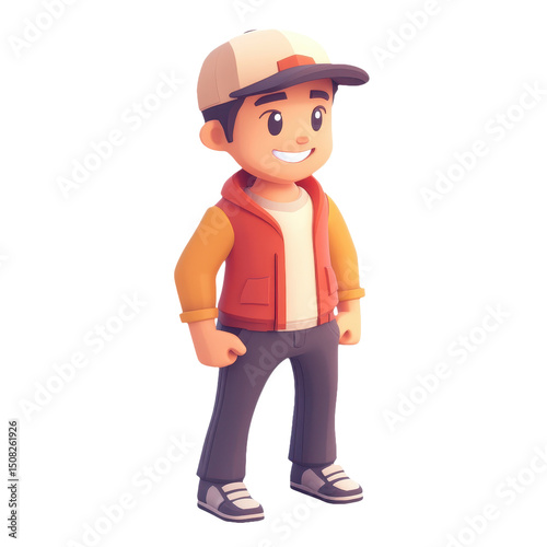 Charming Cartoon Boy Character in Trendy Outfit - Playful and Cheerful 3D Rendering for Modern Design, Youthful Leisure, and Animated Fun