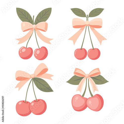 Two cherries with a bow coquette. A charming bow coquette with a pink ribbon and red cherries on a light background. A delightful Valentine's Day present.