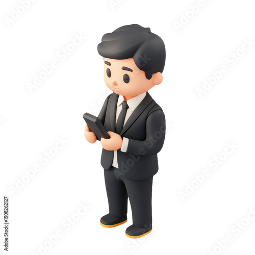 Cartoon Businessman in Suit Using Smartphone: Corporate Executive, Mobile Technology, Smart Device, Modern Communication, Professional Success, and Career Growth