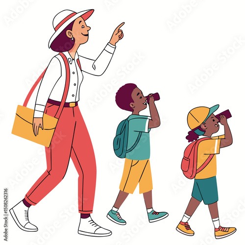 Teacher And Kids On Educational Field Trip Flat C
