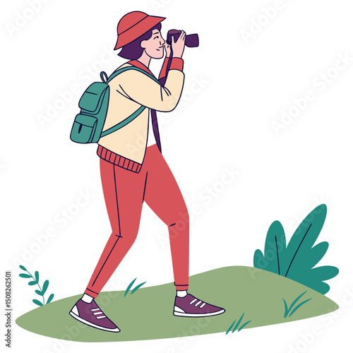 Traveler Taking Photo Of Landscape Flat Color Vec