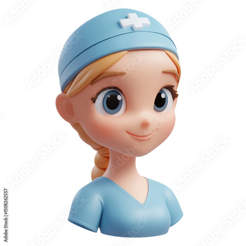 Charming 3D Cartoon Nurse Character: A Symbol of Healthcare and Compassion in a Medical Setting, Perfect for Clinic, Hospital, and Wellness Campaigns