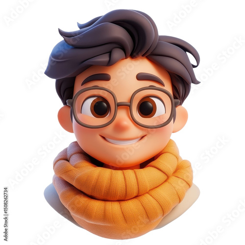Charming Cartoon Boy with Glasses and Scarf: A Cheerful Digital Portrait of Youthful Style, Perfect for Animation and Graphic Design with a Playful Vibe
