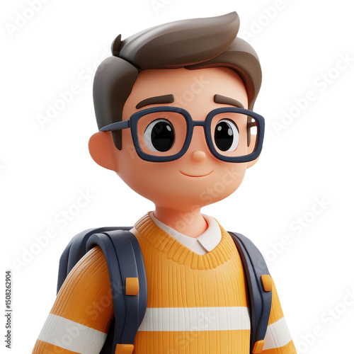 3D Cartoon Boy with Backpack and Glasses: A Cheerful Student Ready for School and Education, Smiling with Optimism, Positive Attitude, and Joyful Spirit