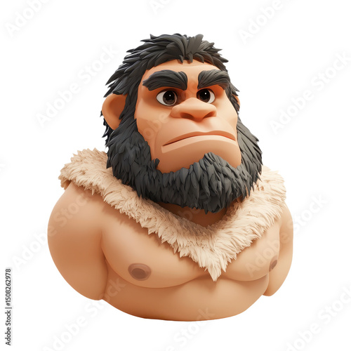 Cartoon Caveman Character Portrait: Prehistoric Stone Age Mammal with Fur and Primitive Features, a Wild and Ancient Human with Muscle and Strong Anatomy
