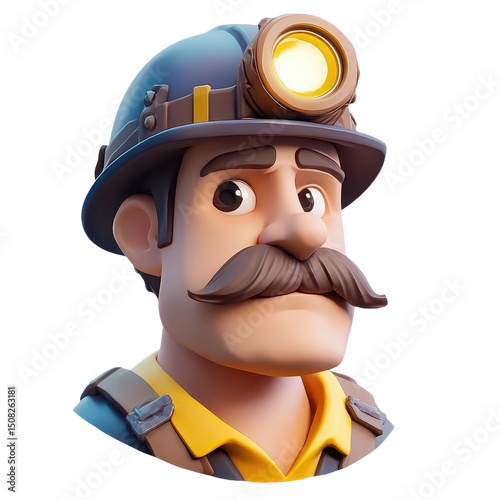 Captivating Miner Portrait: A Cartoon Character with a Twirling Mustache, Helmet, and Headlamp, Embodies the Spirit of Mining and Underground Exploration