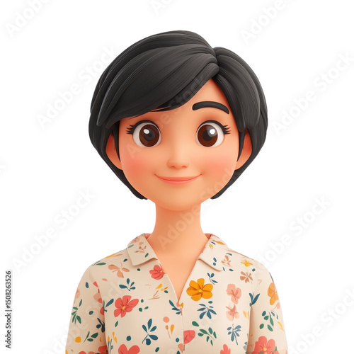 Charming Cartoon Woman Portrait: A Cheerful and Stylish 3D Rendering of a Young Brunette with a Playful Smile, Perfect for Modern Graphic Design and Animation