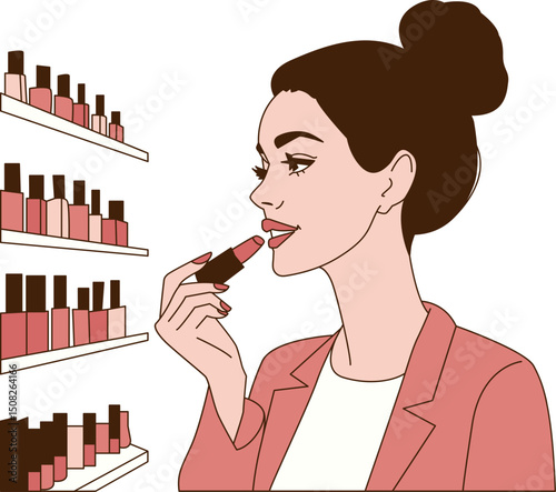 Femme essayant du rouge à lèvres dans un magasin de cosmétique