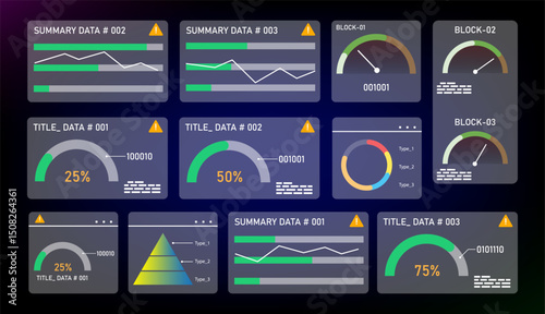 Various green-toned business and finance charts with infographics. Includes bar, line, and pie charts. Perfect for financial reports, eco business presentations, and data visualization.