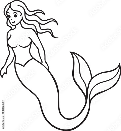 Mermaid outline vector illustration line art	