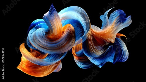 Abstract Waves Of Light Blue And Orange Flow Against A Black Background, Accented By Sparkling Particles. Dynamic motion, digital art, wallpaper background