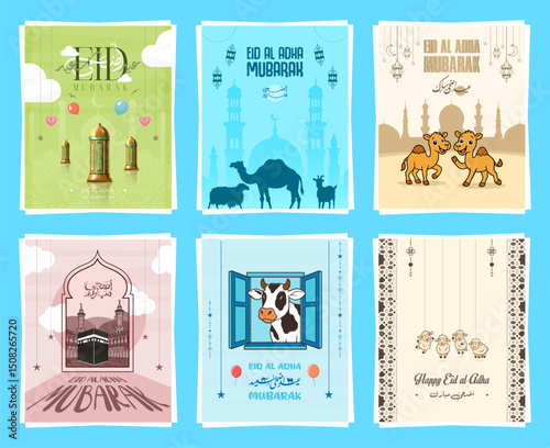 Eid al-Adha vector illustrations with Arabic calligraphy, cartoon animals including camels, cows, sheep, traditional lanterns, Kaaba, mosque silhouettes, and decorative festive elements for Islamic 