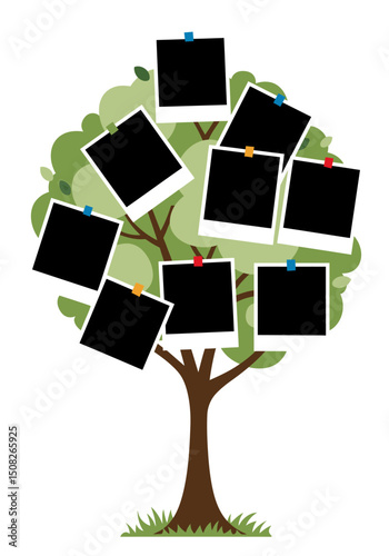 Cartoon Tree with Blank Photos Attached with Colorful Push Pins