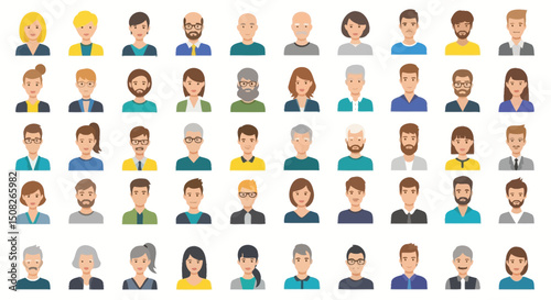 Collection of Diverse Cartoon People Avatars with Various Hairstyles and Clothing