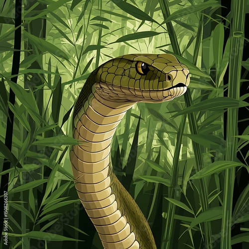 Close-up of a snake in a lush bamboo forest.