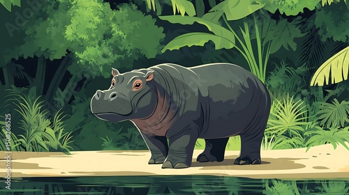 Hippopotamus in a lush jungle setting.