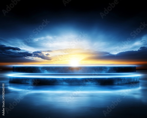 Empty stage, sunrise backdrop, glowing platform photo