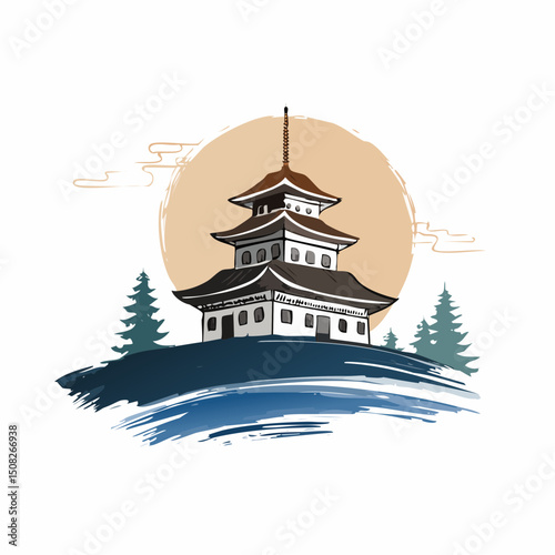 墨絵風の犬山城を描いたベクター素材