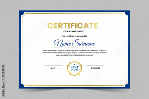Modern elegant blue and gold certificate template. Appreciation for business and education. Vector illustration