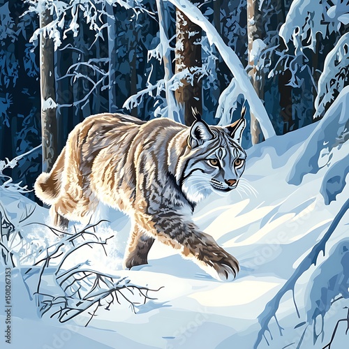 Lynx prowling through a snowy winter forest.