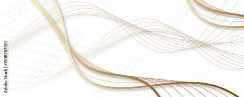Golden abstract lines on white background elegant flowing wave design. Minimalist luxurious design features smooth curves and gradient effects fine golden strokes radiate a metallic sheen elegant art.
