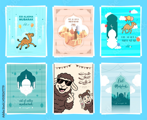 Eid al-Adha vector illustrations with Arabic calligraphy, cute cartoon sheep and camels, pilgrims on Arafat, Islamic mosque arches, lanterns, and colorful festive decorations for greeting card designs