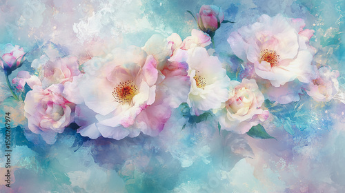 Wallpaper Mural watercolor botanical Rose flowers texture template background.Elegant wedding invitation card background . Minimal hand painted Design for wedding or Valentine's Day Torontodigital.ca