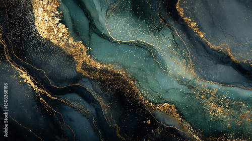 Dark Green Marble and Gold Foil Abstract Design