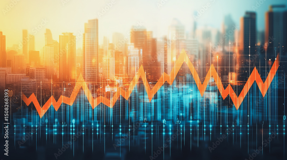 Naklejka premium Smart digital Innovation City of the business world with connection financial business data all the time network reciprocity over the twilight cityscape. of future cyber security wireless digital city