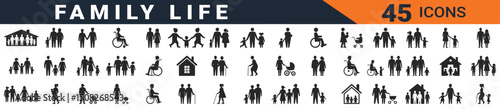 Family Life & Human Pictogram Icons, Relationships, Home, Disability, and Community Silhouettes
