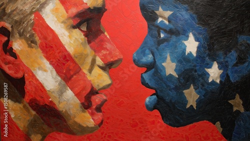 Two faces painted in American flag colors confront each other, diversity and unity