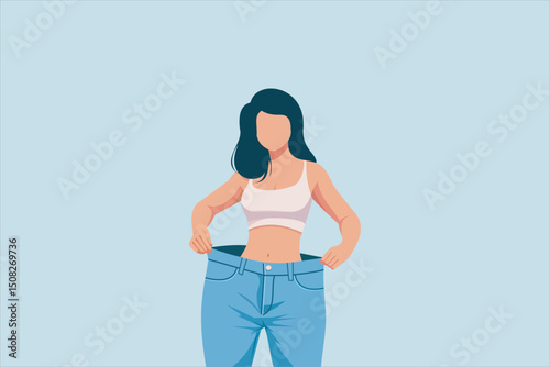Vector illustration of a slim woman wearing oversized jeans.
