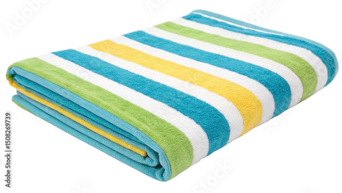 Folded Striped Beach Towel with Green Blue Yellow and White Stripes