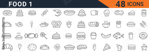  Restaurant & Fast Food Line Icons, Delicious Meals, Snacks, Desserts, and Beverages Vector Symbols