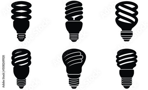 Compact Fluorescent Light Bulb Silhouette Vector Set – Spiral Energy-Saving Lamp Illustration, Eco-Friendly Lighting Icon, Modern Electric Design Element