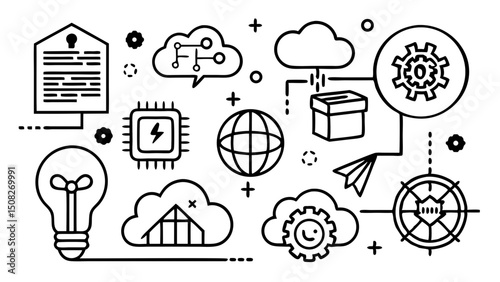Outline Illustration of Cloud Computing Data Analytics and Artificial Intelligence Concepts