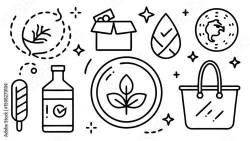 Eco friendly lifestyle vector line art illustration with sustainable products and practices