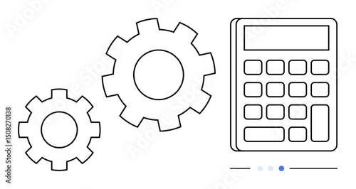 Two connected cogs alongside a calculator depicting ideas of calculation, automation, and optimization. Ideal for finance, operations, economics, technology, analytics, productivity simple landing