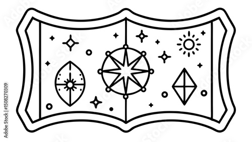 Celestial Map Illustration with Stars Sun and Compass Rose in Outline Style