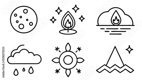 Set of six esoteric and spiritual symbols in outline style