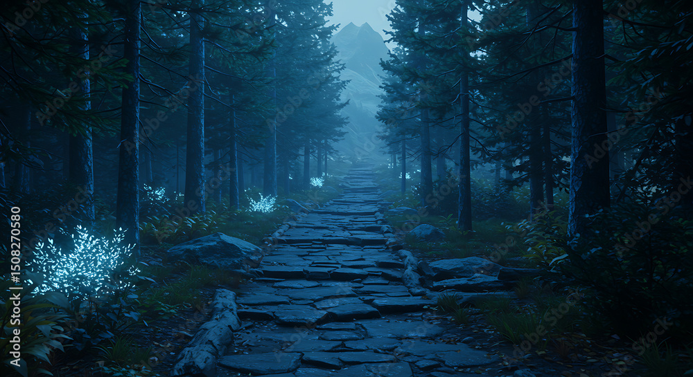 Fototapeta premium Enchanting Stone Path Through a Dark Misty Forest at Night with Glowing Plants